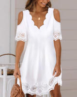 Vestido De Encaje Con Cuello En V Y Mangas Cortas Para Mujer Color Sólido Estilo Europeo Y Americano Longitud De Rodilla - details 0