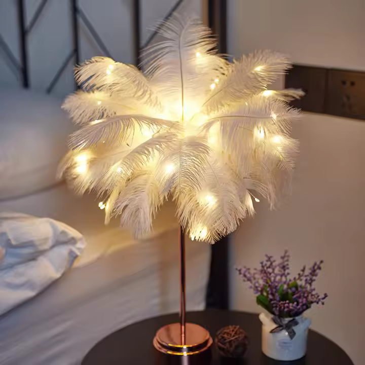 Lámpara de plumas, lámpara de mesa de plumas de avestruz, lámpara de pie, decoración de cabecera de lujo moderna, estilo retro - 1