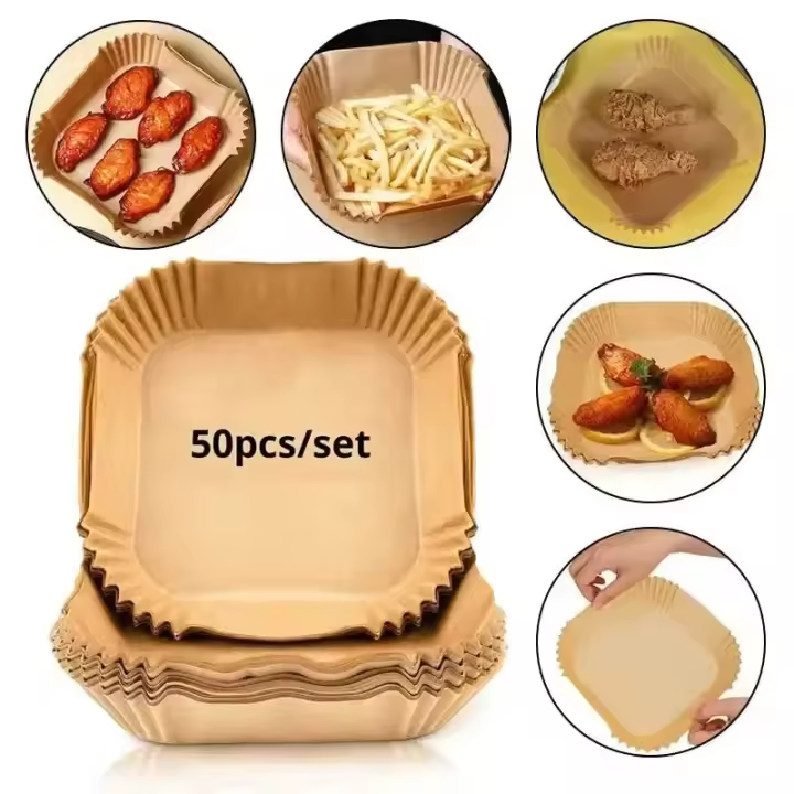 50 unids/set Papel De Fritura De Aire Desechable Sin Adhesivo Con Sello De Madera Almohadilla No-Anti Adhesiva Para Quesecake Accesorios De Fritura De Aire - 1