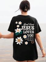 Camiseta de mujer con estampado “Jesus Loves You” – Básica de algodón, transpirable y cómoda, manga corta con cuello redondo, estilo casual - details 2