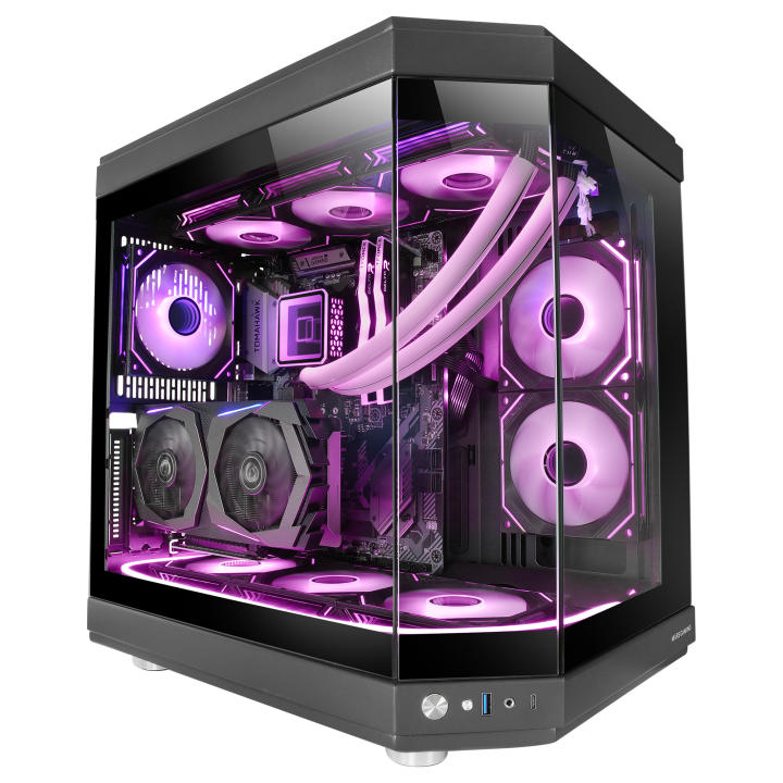 Mars Gaming MC-3T, Caja Gaming Custom ATX, Triple Ventana Cristal Templado Continuo, Soporte Refrigeración Líquida Completo, Cámara Dual Lateral, 3x Slots PCI Verticales, USB-C y USB 3.0, Caja PC Negra, Azul, Rosa, Roja o Blanca