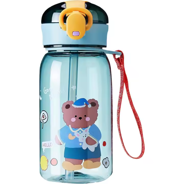 Botella de Agua para niños, botella de Agua Linda, botella de Agua kawaii with Paja y Correa, botellas de Agua de Oso transparente para Viajes, Al Aire Libre, 14oz - 1