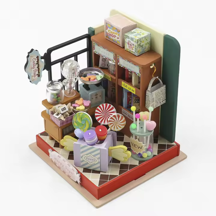 DAM. Tienda de dulces Azúcar Feliz. Maqueta 3D realista con gran detalle y luces led. 9x8x8cm. - 1