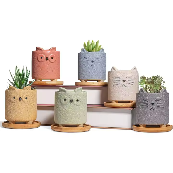 7cm lindo animal planta macetas, pequeño animal plantadores con platillo conjunto de 6, pequeñas macetas de cerámica para suculentas cactus, (sin plantas) - 1