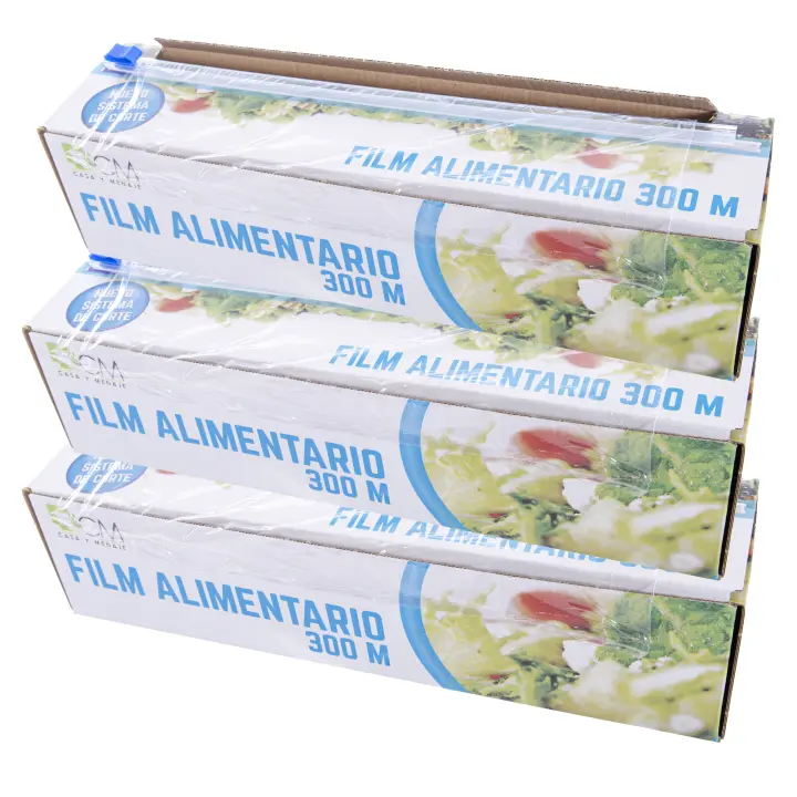 CM - Film Alimentario 300 metros x 30cm de ancho. Bobina Estirable Uso Alimentario con Caja y Cuchilla Corta Fácil, Transparente Violeta. Packs de 1, 2 y 3 rollos - 1
