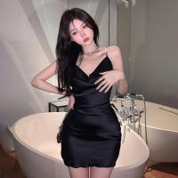 Vestido De Satén Para Mujer Estilo Coreano Con Escote En V Y Espalda Descubierta Vestido De Sujeción Con Manga Regular Largo De Rodilla - details 6