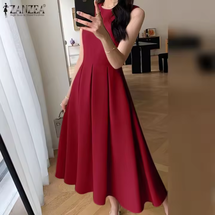 Vestido Largo De Maxi ZANZEA Para Mujer Estilo Coreano Vintage Sin Mangas Con Pliegues A-Line Sundress De Verano Vintage Fiesta - 1