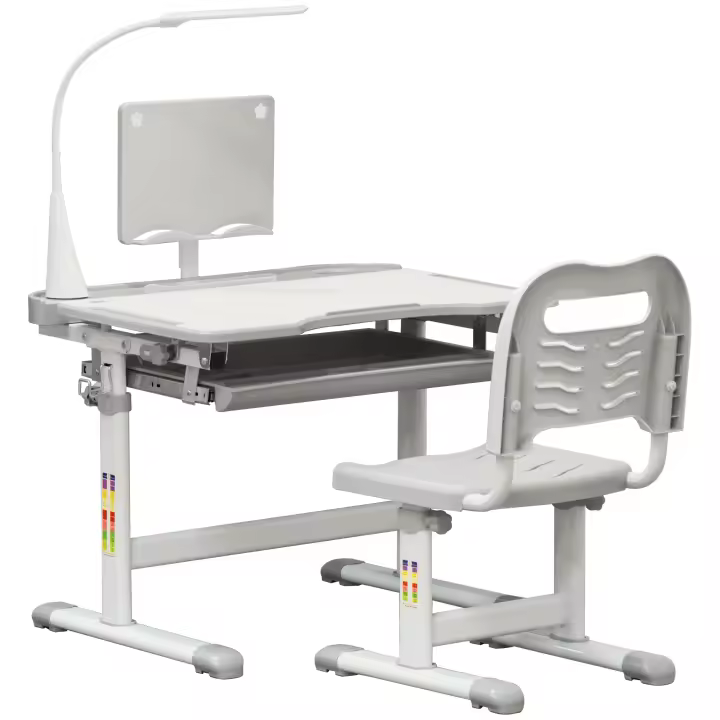 HOMCOM Juego de Escritorio y Silla para Niños de +6 Años Pupitre Infantil Altura Ajustable Escritorio Infantil con Mesa Inclinable Lámpara Cajón y Estante para Libros - 1