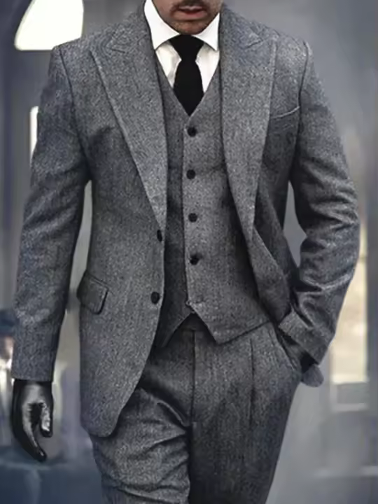 Traje De Novio Para Hombres 3 Piezas Gris Rayado Forma Elegante Con Pico Traje De Té Tuxedo Para Bodas Y Compromisos Incluye Chaqueta Chaleco Y Pantalones - 1