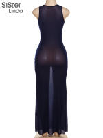 Vestido Maxi Malla Transparente Sisterlinda Para Mujer Verano Sin Mangas Elegante Y Ajustado Para Fiesta De Vacaciones Ropa De Mujer - details 4