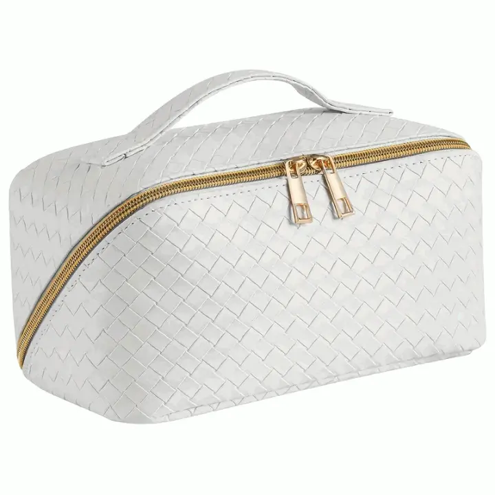 IMAXWAVE Neceser de Viaje Grande, Diseño Trenzado, Negro con Cremallera Dorada, Asa Superior, Bolsa de Cosméticos, Estuche de Maquillaje, Organizador de Aseo, Neceser de Maquillaje - Blanco - 1