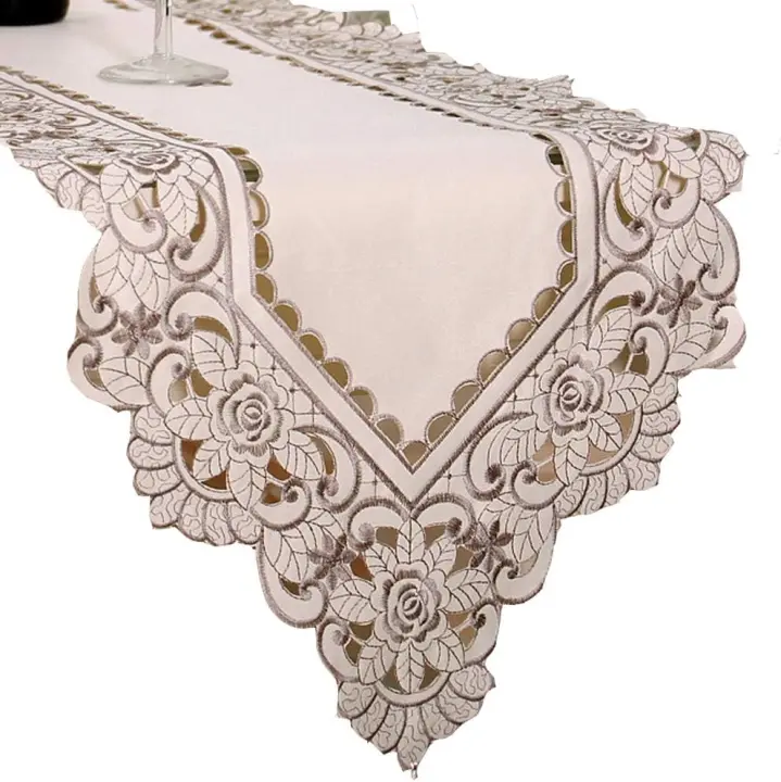 Camino de mesa de 40 x 176 cm, lavable, para mesa de té, decoración, mantel de malla hueca, floral, estilo vintage, bordado con flores - 1