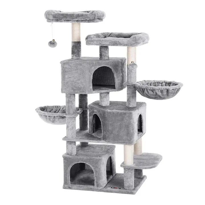 Casa para gatos grande de 164 cm, 3 cuevas, 2 hamacas, 2 plataformas, árbol rascador, color gris antracita o claro - 1
