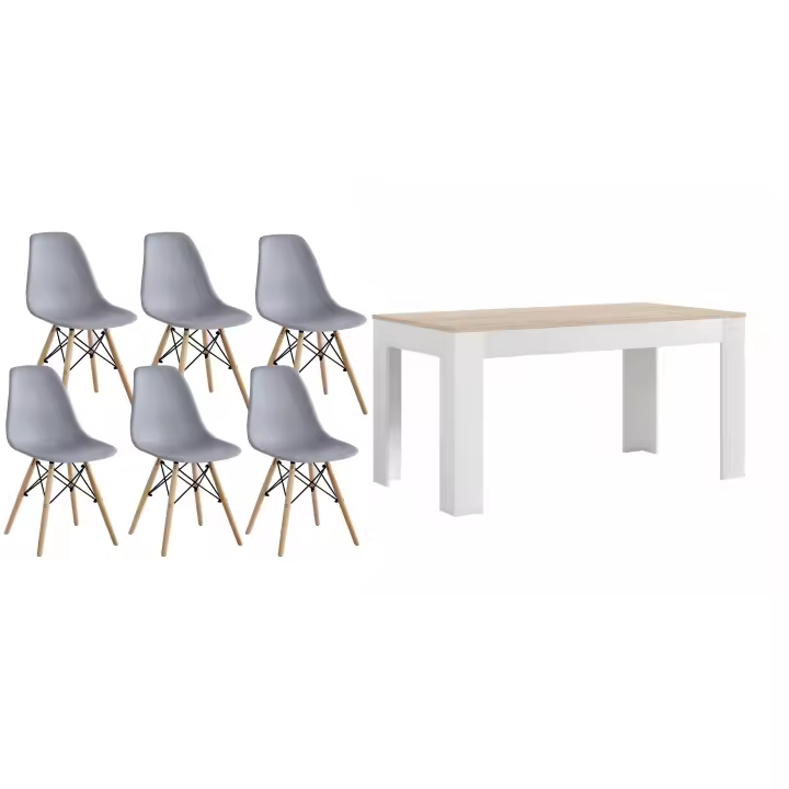 Mesa de Comedor o Cocina Blanco/Cambria  + 6 Sillas Estilo Nordico Gris - 1
