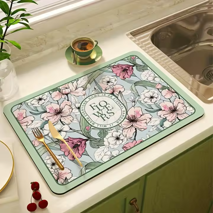 1pc Alfombrilla De Secado De Platos Con Estampado De Gallo Estilo Rústico Farmhouse Accesorio Para Cocina Y Comedor Resistente Al Agua Antideslizante Tamaño Rectangular - 1