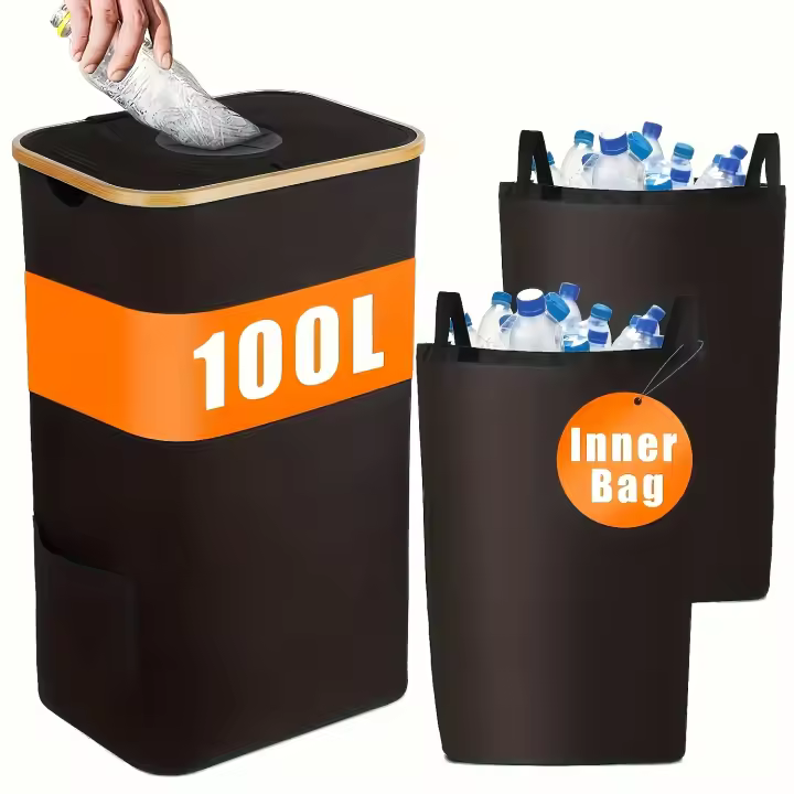 1pc Indoor Recycling Bin, 2 Inner Pockets, Trash Can, Dirty Clothes Basket, 100L High-Capacity, Spare Inner Pocket Pockets on Side, Suitable for Indoor, Kitchen, Laundry Room, Bedroom, Dormitory, Office, Clothes, Bottles, Toys Organization Storage - 1