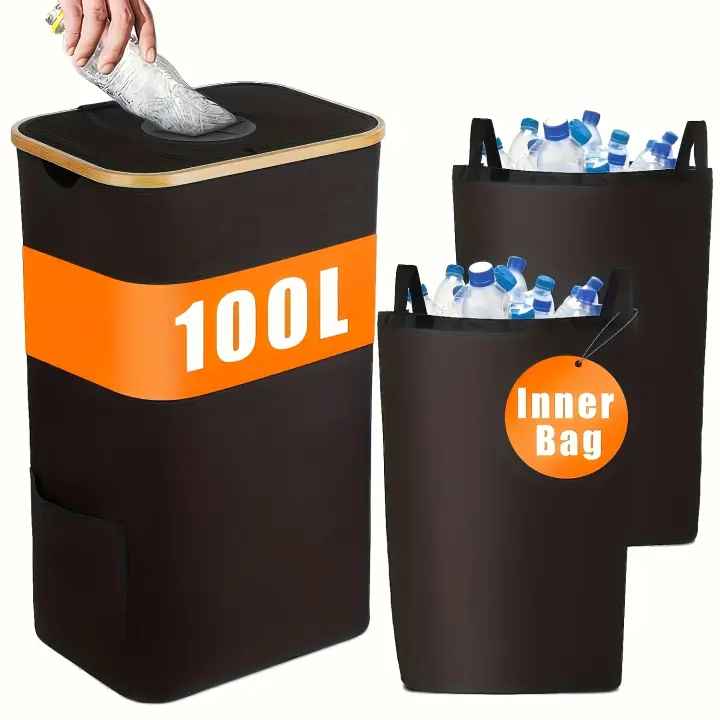1pc Indoor Recycling Bin, 2 Inner Pockets, Trash Can, Dirty Clothes Basket, 100L High-Capacity, Spare Inner Pocket Pockets on Side, Suitable for Indoor, Kitchen, Laundry Room, Bedroom, Dormitory, Office, Clothes, Bottles, Toys Organization Storage - 1