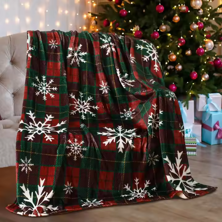 Manta Navideña Roja a Cuadros Suave Y Ligera De Poliéster 100% Estilo Moderno Decorativa Para Regalo Con Patrón De Copos De Nieve - 1