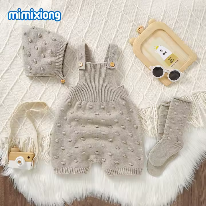 3 unids/set de ropa de Bebe de DOT sólidos de cabrito para recien nacidos, tejido sin Mangas peleles, sombreros, calcetines, trajes para bebés de 0 at 18m - 1