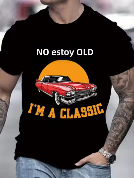 Camiseta De Hombre Retro Estampado De Coche Y Letras Manga Corta Cuello Redondo Casual Verano Exterior Protección Solar Transpirable Ligera Y Secado Rápido - 1