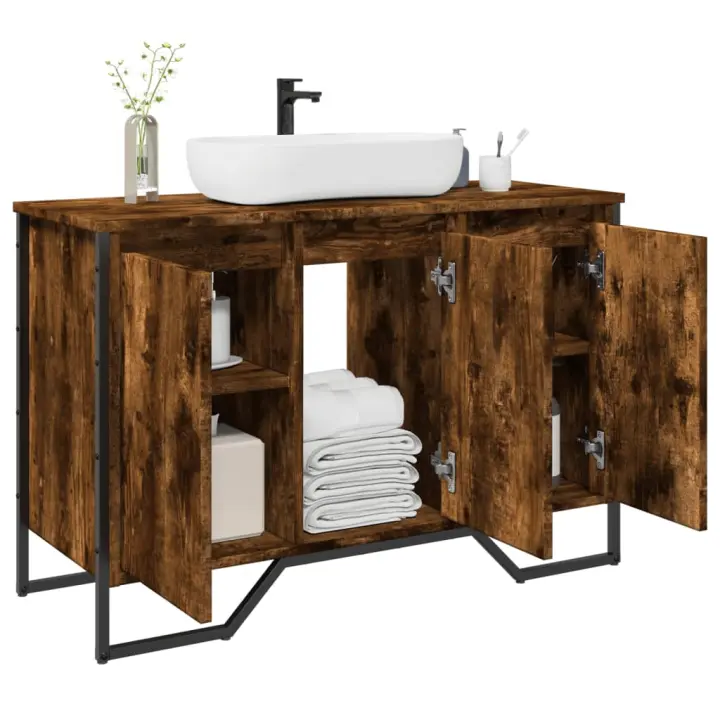 vidaXL Armario lavabo baño madera ingeniería 91x35x60 cm en color Roble ahumado/Marrón roble/Gris sonoma y más | almacenamiento funcional diseño moderno para baño dormitorio sala - 1