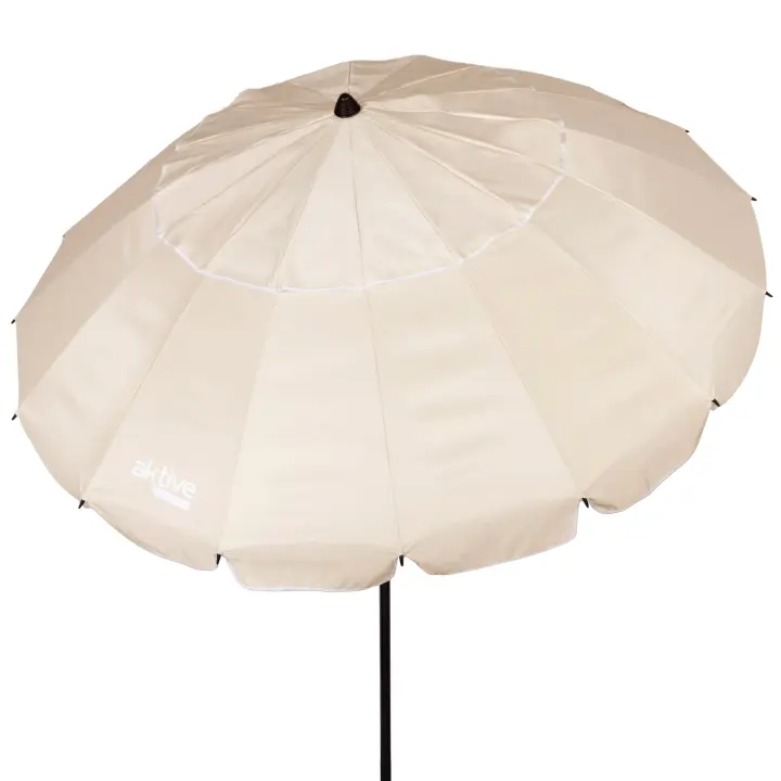 Aktive - Sombrilla playa antiviento 220 cm o 240 cm, Max Air, crema, superresistente, poliéster con protección UV50 y revestimiento plateado, 16 varillas fibra vidrio, mástil aluminio inclinable Ø29/32 mm, incluye funda con asa, con ventilación superior - 1