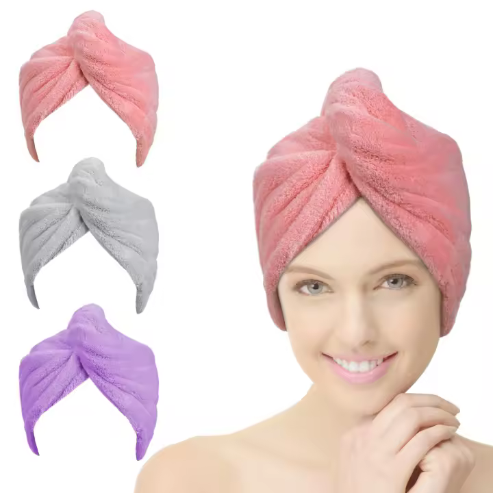 Toalla para el cabello, 3 toallas para secar el cabello, toalla para el cabello turbante de microfibra superabsorbente con diseño de botones para secar el cabello rápidamente para mujeres (rosa, púrpura, gris) - 1