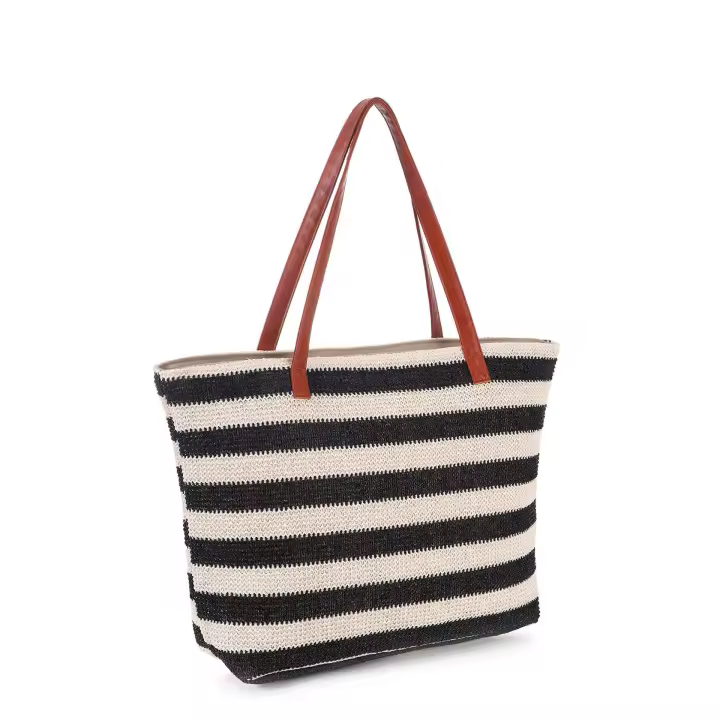 Bolso Grande de Paja, Bolso de Playa de Verano with Cremallera, Bolso de Playa with Rayas, Bolso de Hombre Bohemio para Mujer, para Viajes, Gimnasio, - 1