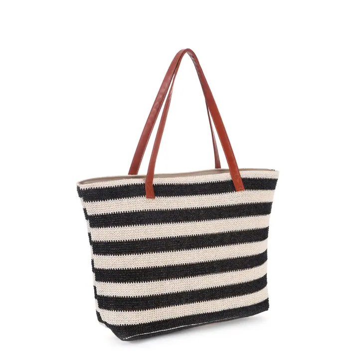 Bolso Grande de Paja, Bolso de Playa de Verano with Cremallera, Bolso de Playa with Rayas, Bolso de Hombre Bohemio para Mujer, para Viajes, Gimnasio, - 1