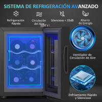 HOMCOM Nevera Vinos 6 Botellas 17L Vinoteca Silenciosa con Luz LED Interior Pantalla LED Táctil Temperatura Regulable 8-18 ℃ Puerta de Vidrio Templado Anti-UV y 2 Estantes Ajustables Negro - details 3