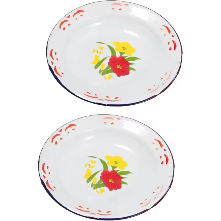 Juego de 2 platos de frutas esmaltados con bordes planos, platos para acampar, recipientes para refrigerios, bandejas para servir, vajilla de metal esmaltada de estilo vintage. - 1
