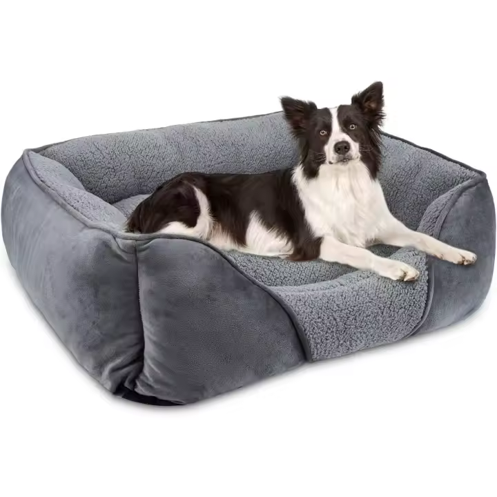 Cama grande lavable para perros, color gris, ortopédica para cachorros, con base antideslizante y borde frontal bajo. - 1