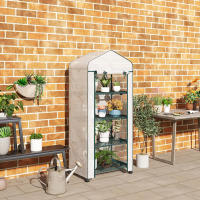 Outsunny Invernadero de Exterior con 4 Estantes y Ruedas, Invernadero Pequeño con Puerta Enrollable, Marco de Acero y Cubierta de PE 140g/㎡, Anti-UV para Plantas, Macetas, Flores, 70x50x165 cm, Blanco - details 1