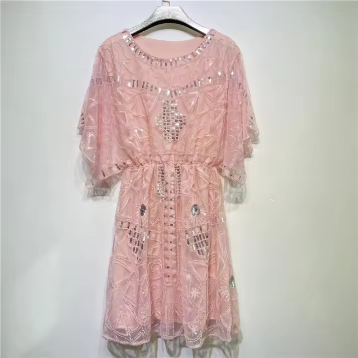 Vestido De Fiesta Elegante Y Moderno Con Diamantes Blanco Y Negro Estilo A-Line Manga Corta Cuello Redondo Decoración De Perlas Para Mujer - 1