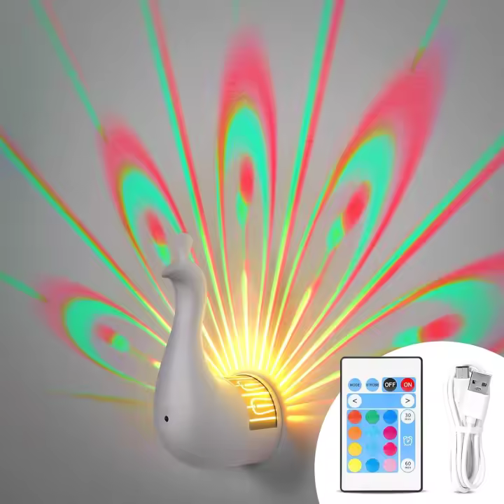 Lámpara de pavo real, con control remoto, lámpara de pared con proyector de pavo real, lámpara de mesa con proyector de pavo real de 7 colores, luces de noche de pavo real recargables por USB, adecuada para dormitorio, sala de estar, pasillo (blanco) - 1