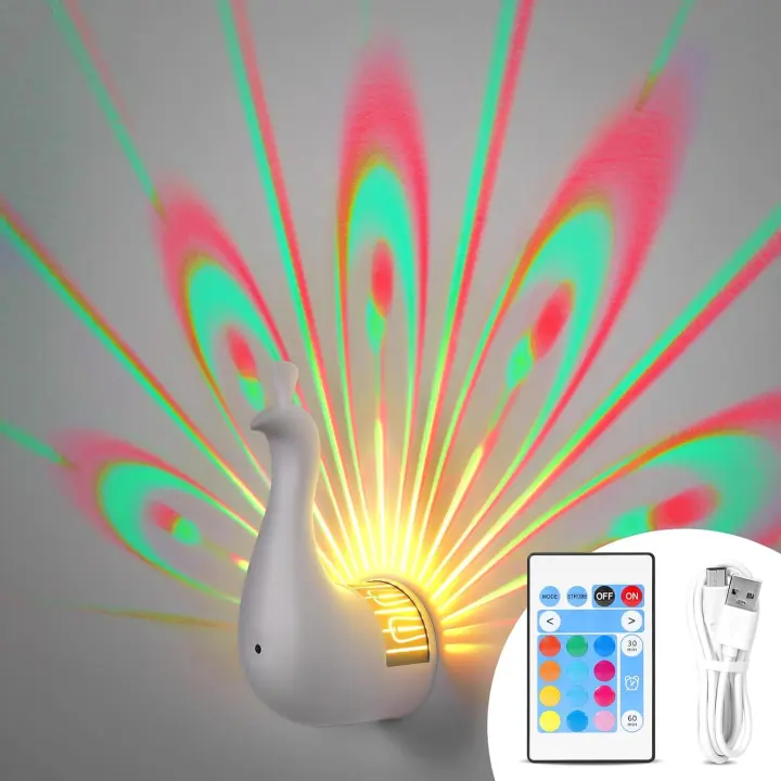 Lámpara de pavo real, con control remoto, lámpara de pared con proyector de pavo real, lámpara de mesa con proyector de pavo real de 7 colores, luces de noche de pavo real recargables por USB, adecuada para dormitorio, sala de estar, pasillo (blanco) - 1