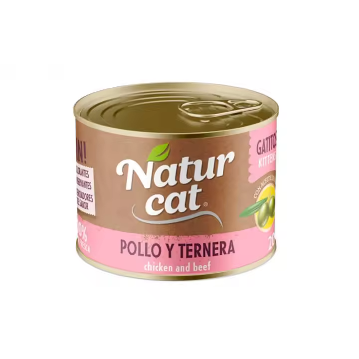 Naturcat Kitten sabor Pollo y Ternera - 6 Unidades x 200gr - Alimento Húmedo, Latas para gatitos - 1