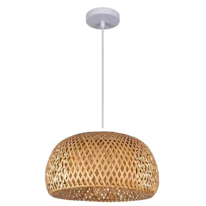 Meimon Lámpara colgante de bambú tejida a mano, compatible con bombilla E27. Disponible con cuerda y base en negro, blanco o madera. Diseño natural, artesanal y decorativo. Voltaje 90-260V - 1