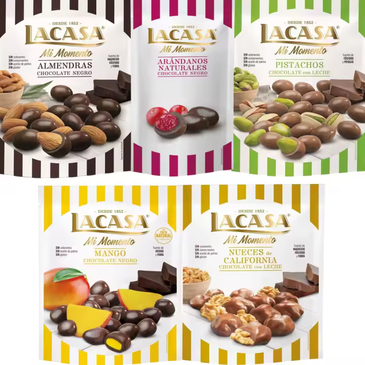 Lacasa Mi Momento pack de 5:Arándano choco Negro 60G,Nueces Leche 115G,Almendra choco Negro 125G,Pistacho Leche 100G,Mango choco Negro 115G - 1