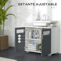 kleankin Mueble para Debajo del Lavabo Armario de Baño Bajo Lavabo con 2 Puertas de Vidrio Templado y Estante Ajustable 69x35x59 cm Blanco y Gris - details 4