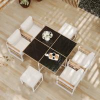 Juego de Mesa y Sillas de Comedor de Exterior de 7 Piezas, 6 Asientos, Mesa de Cristal Templado, Envuelve en Ratán PE, Tapa de Madera de Acacia con Apoybrazos, Jardines. - details 2