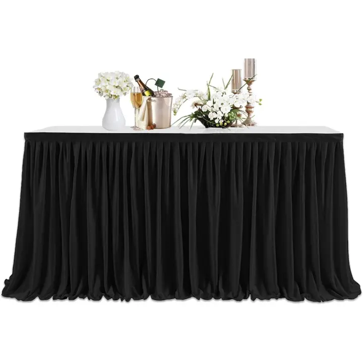 × Falda de mesa, 14 pies, rectangular plisada, poliéster negro, decoración de mesa, vajilla, fiesta, boda, cumpleaños, baby shower, eventos - 1