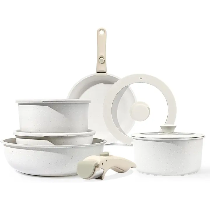Juego de 11 ollas y sartén, no pegajoso, Mango desmontable, cocina de inducción, Mango desmontable, cocina rv, seguridad Horno/lavavajillas (Blanco, 11PCS) - 1