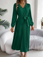 Vestido Elegante De Mujer Con Botones Y Cuello En V Manga Larga Plegado Con Cierre De Lazo Estilo Casual A-Line Para Primavera/Otoño - details 21
