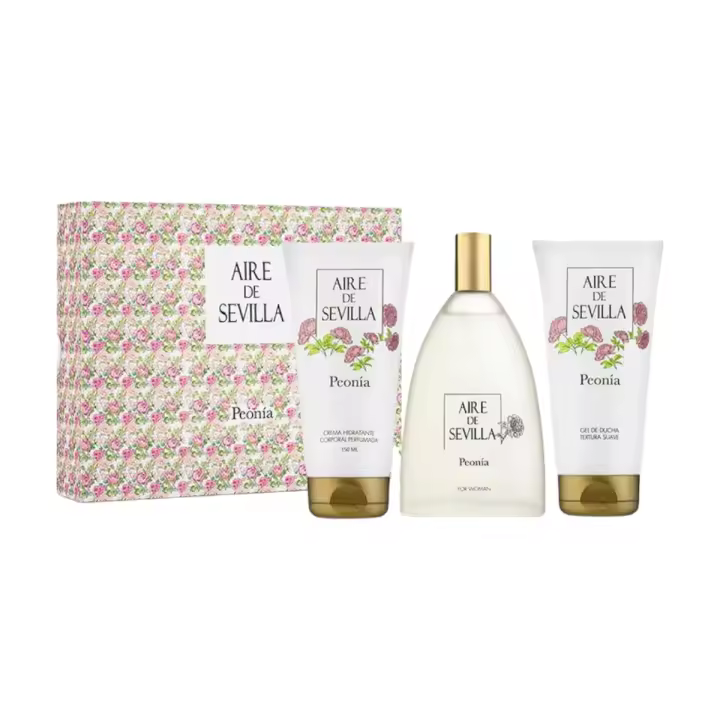 AIRE DE SEVILLA Estuche de cosmética para mujer con Perfume Gel de ducha suave y Crema Hidratante corporal perfumada Cofre de regalo de ritual perfumado olor a Peonía (150 ml cada uno) - 1