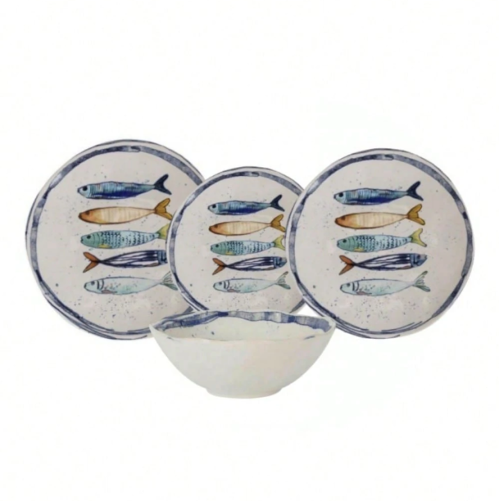LA MEDITERRÁNEA - Set de 4 Platos Postre 20cm, Platos Llano 26cm, Platos hondo ø21 Iberica, fuentes rectangulares Peixe con dibujo pez porcelana. Apto para microondas y lavavajillas
