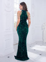 Vestido De Fiesta De Encaje Brillante Con Cuentas Cuello Halter Sin Hombros Vestido Largo Para Mujer Vestido De Noche Sexy Y Club - details 3