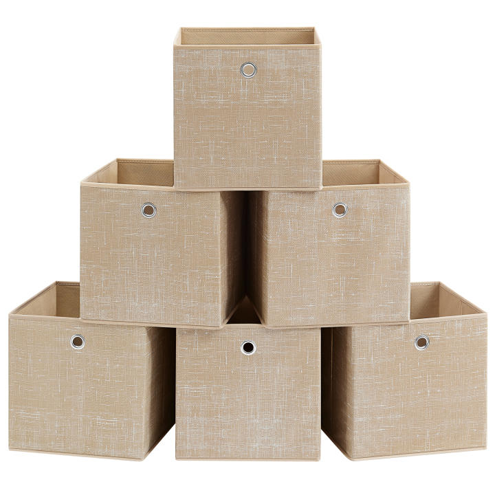 SONGMICS Cajas de Almacenamiento, Juego de 6 Cajas de Tela No Tejida con Asa, 30 x 30 x 30 cm, Unidad de Almacenamiento, para Estantes, Plegable, Almacenamiento de Ropa, Beige Arena/Topo Jaspeado/Negro Jaspeado/Rosa Caramelo