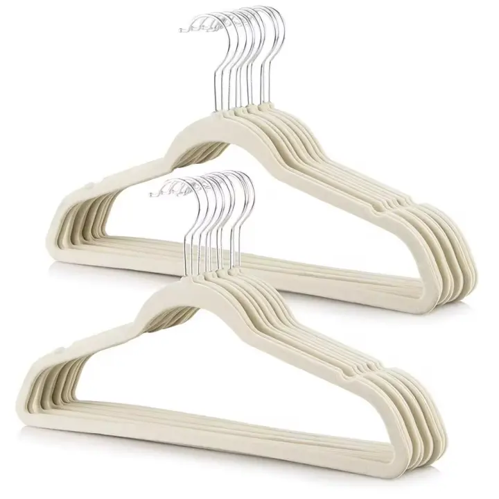 Juego de 10 Perchas de Terciopelo Antideslizantes con Ranuras para Hombros ,Colgador para ropa ,armario- Ahorro de Espacio - Blanco Roto - 1
