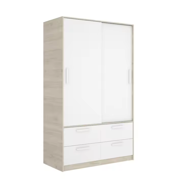 Armario 2 Puertas Correderas + 4 Cajones Natural/Blanco - Armario Completo 204x120x60 cm Armario para dormitorio - Fabricado en España - Melamina Alta calidad - Somnia Descanso - 1